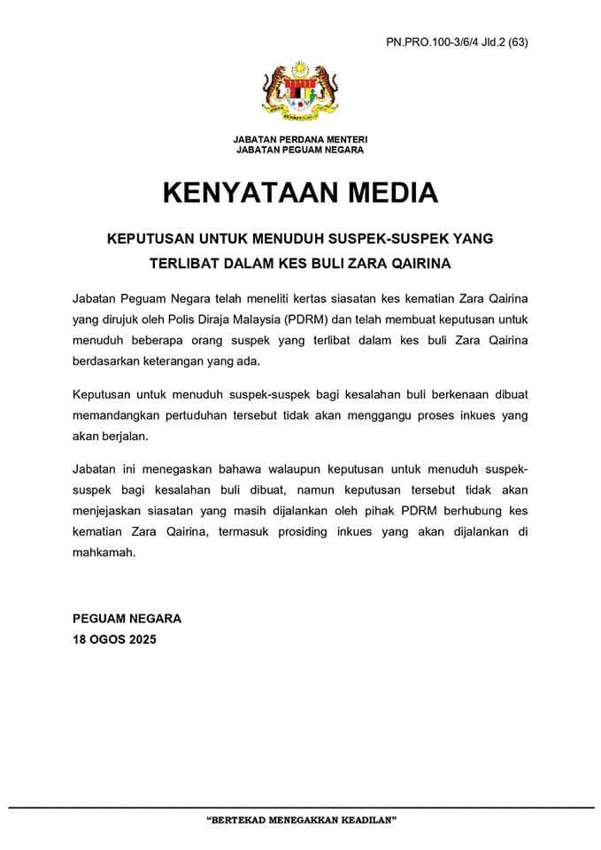 Beberapa Suspek Akan Didakwa Dalam Kes BuIi Zara Qairina – Peguam Negara