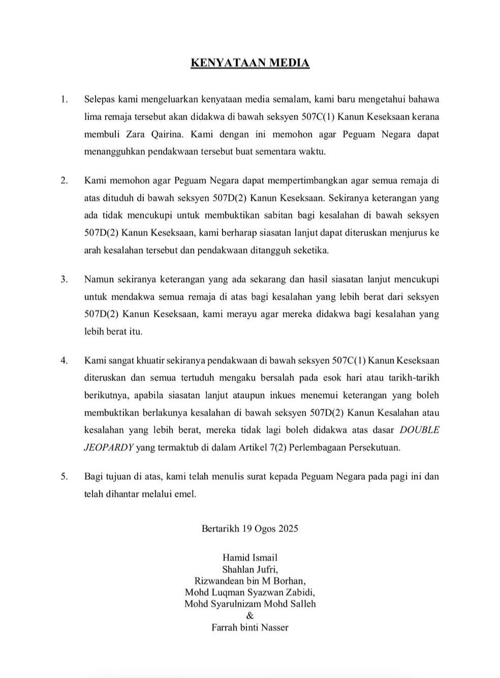 Peguam Keluarga Minta Tuduhan Buli Zara Qairina Dikaji Semula, Bimbang Kes Lebih Berat Tak Boleh Dibawa